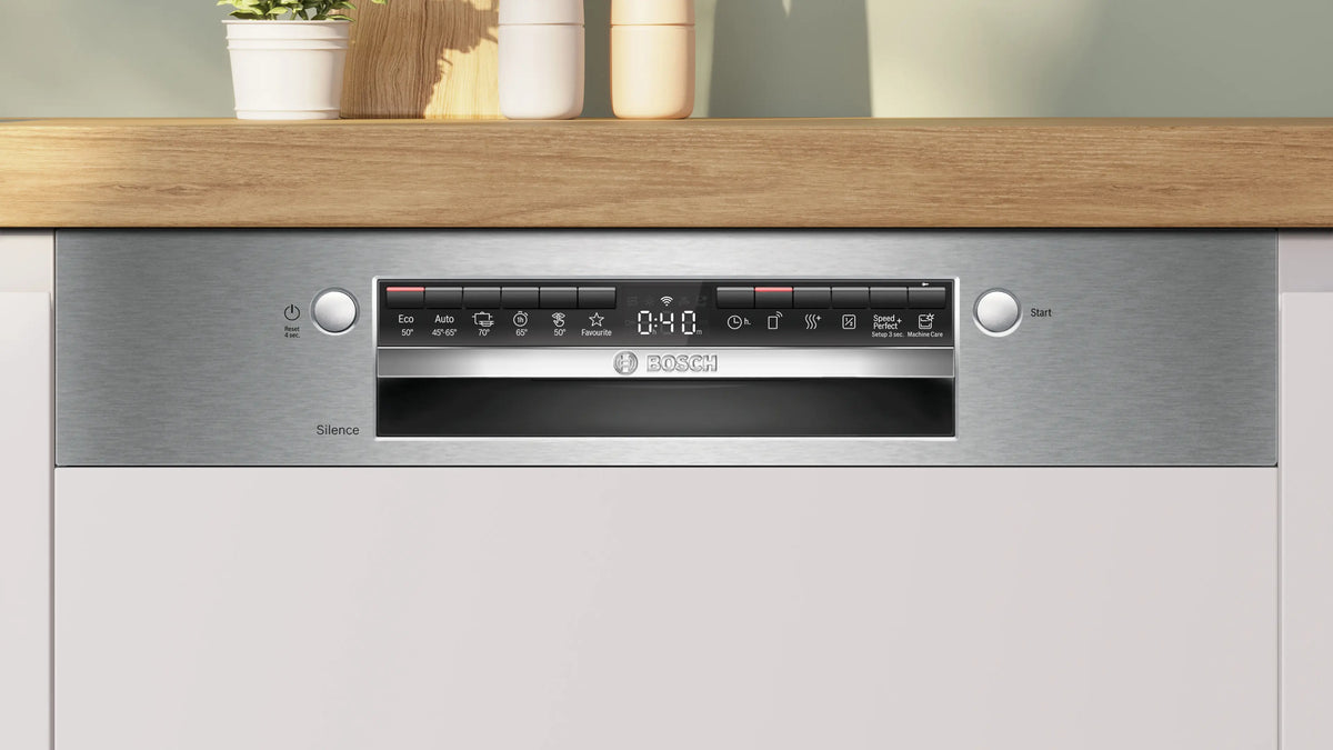 Mașină de spălat vase parțial încorporabilă Bosch SMI4HVS14E, Seria 4, 60 cm, 14 seturi, inox