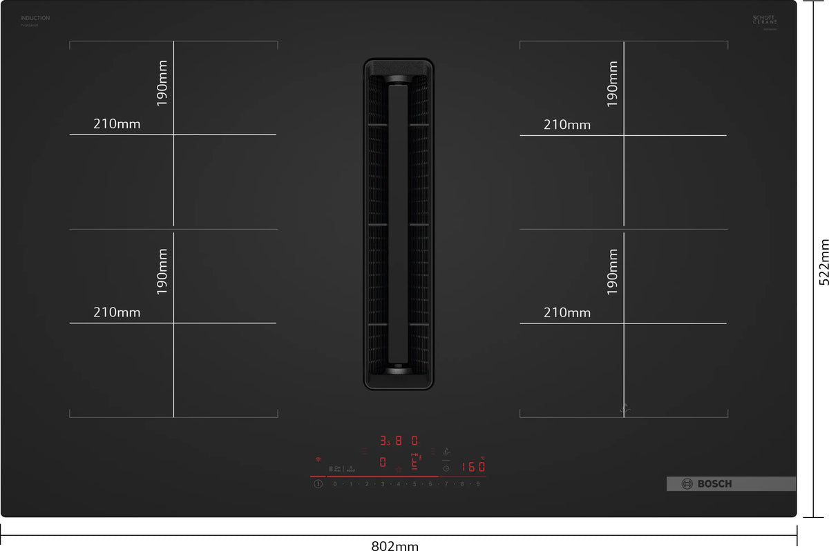Plită cu inducție și hotă integrată Bosch PVQ81AH26E, Seria 6, 80 cm, neagră