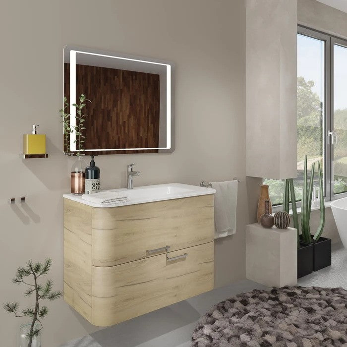 Masca baie + lavoar Savini Due Geos 80, cu sertare, stejar auriu, 81 x 45.7 x 49.7 cm