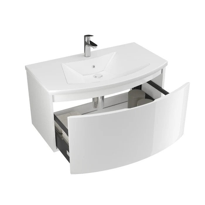 Masca baie + lavoar Savini Due Sole 80, cu sertar, alb lucios, montaj suspendat, 81 x 42.5 x 49 cm