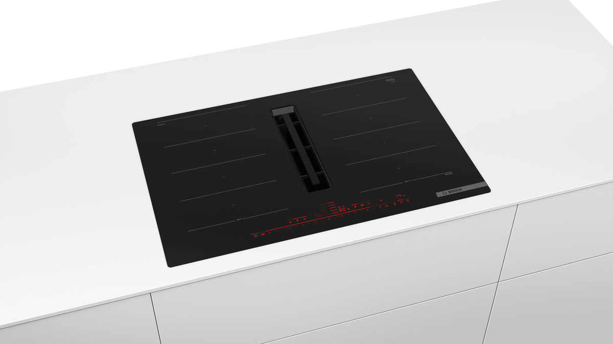 Plită cu inducție și hotă integrată Bosch PXX801D67E, Seria 8, 80 cm, neagră