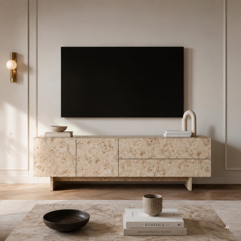 Comodă TV Decoria, cu două uși, cu sertare, 160 cm, aspect de rădăcină