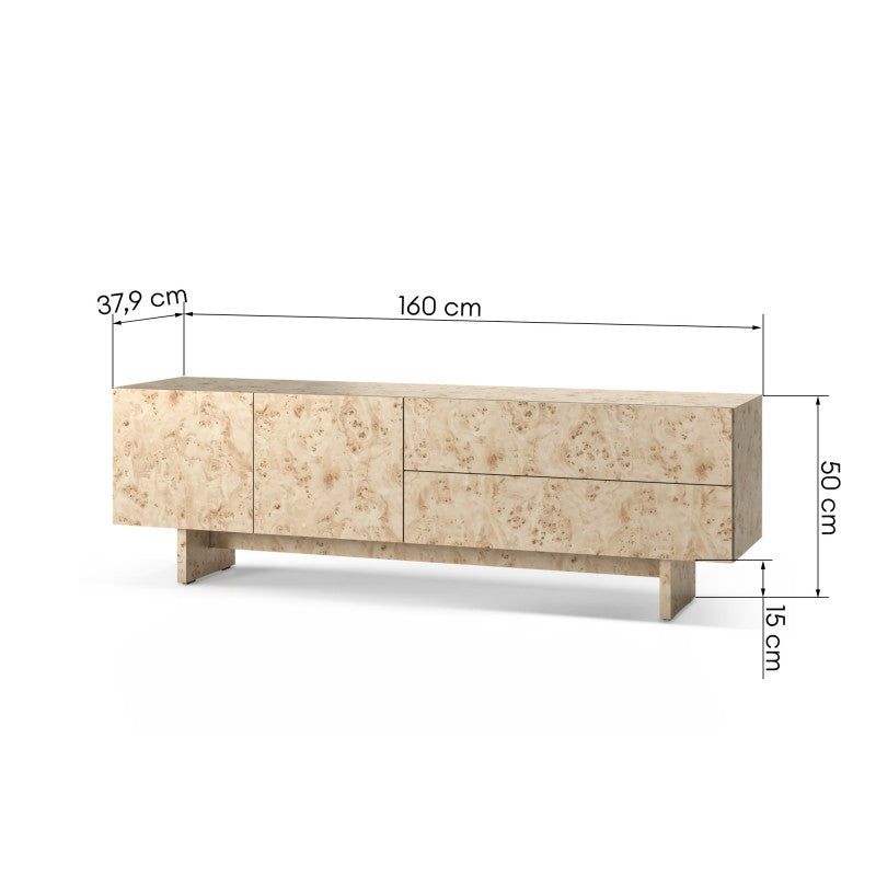 Comodă TV Decoria, cu două uși, cu sertare, 160 cm, aspect de rădăcină