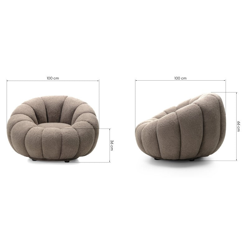 Fotoliu Venezia, cappuccino, cu bază rotativă, bouclé, forme rotunjite
