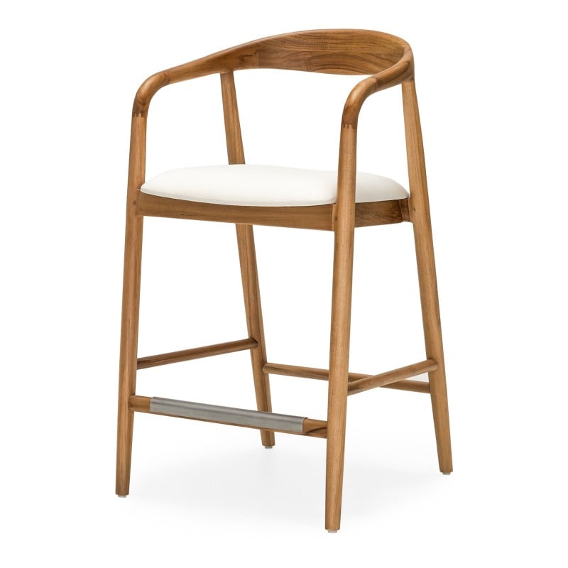 Scaun de bar din lemn Ludvika 2.0, rotunjit, natur/crem, lemn de tec