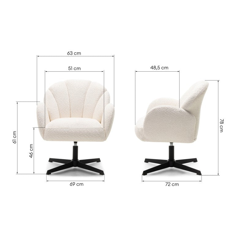 Scaun rotativ Casablanca, alb, picioare negre, bouclé