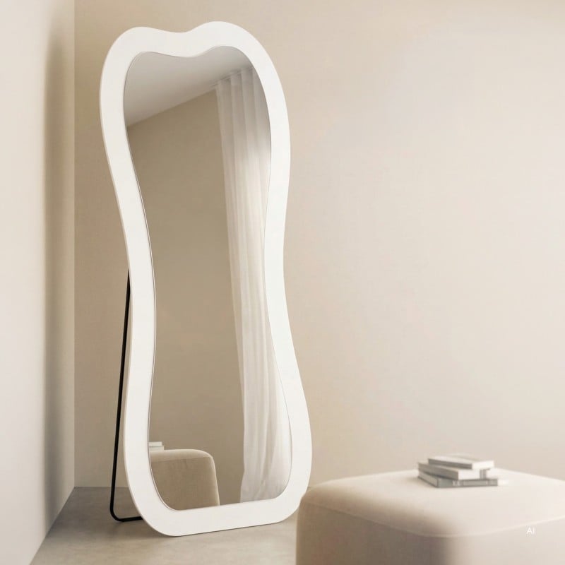 Oglindă de podea Cella, cu iluminare LED, 63x160 cm, formă neregulată, albă