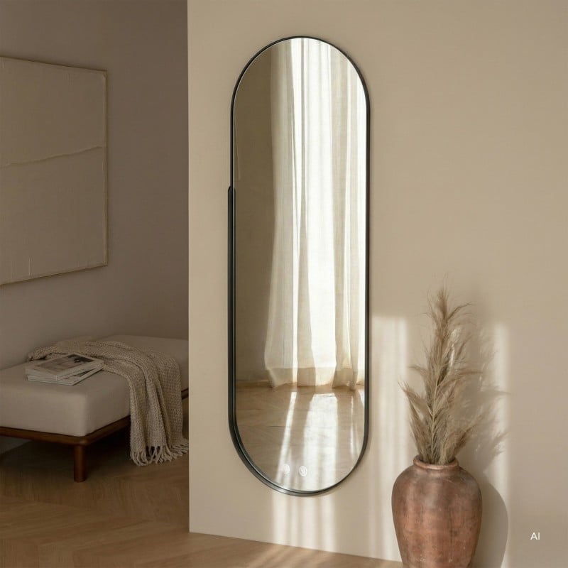 Oglindă de perete Brio, cu ramă neagră, 40x105 cm, iluminare LED ovală, metal