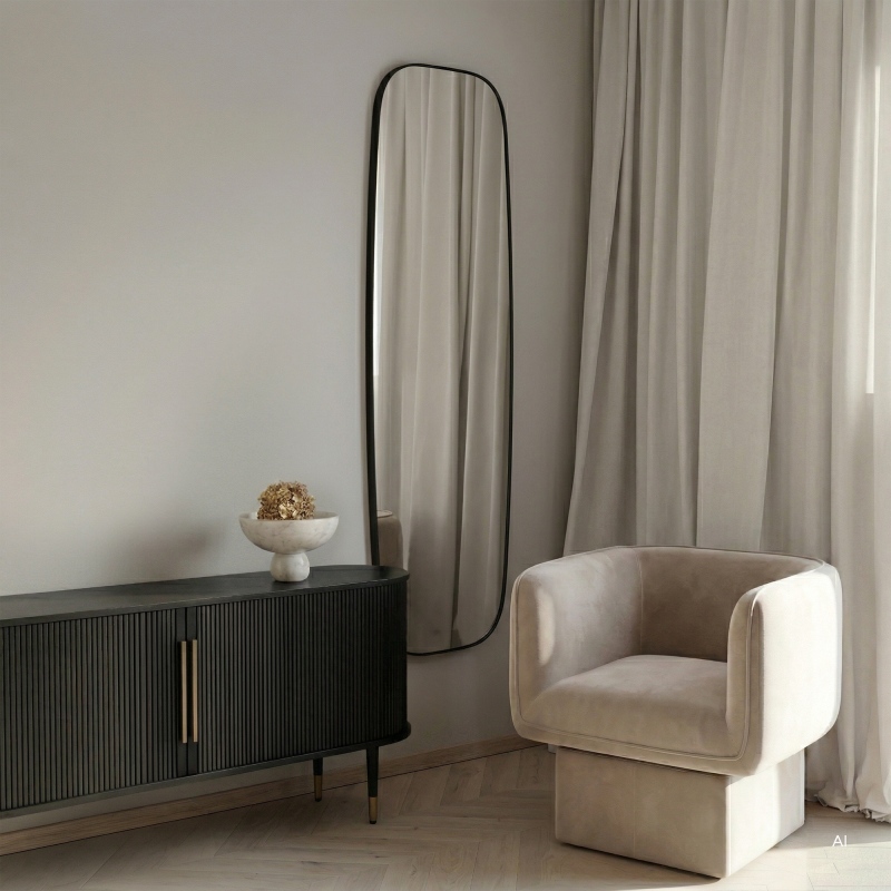 Oglindă de perete Fina, cu ramă neagră, 40x140 cm, dreptunghiulară, rotunjită, aluminiu