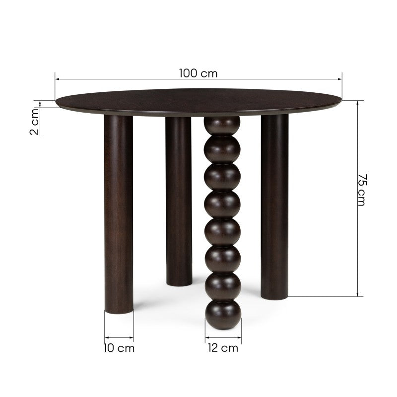 Masă Bolla, rotundă, 100 cm, furnir de stejar, nuc, picior decorativ sferic