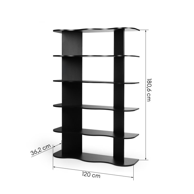 Bibliotecă Reo, înaltă, neagră, ondulată