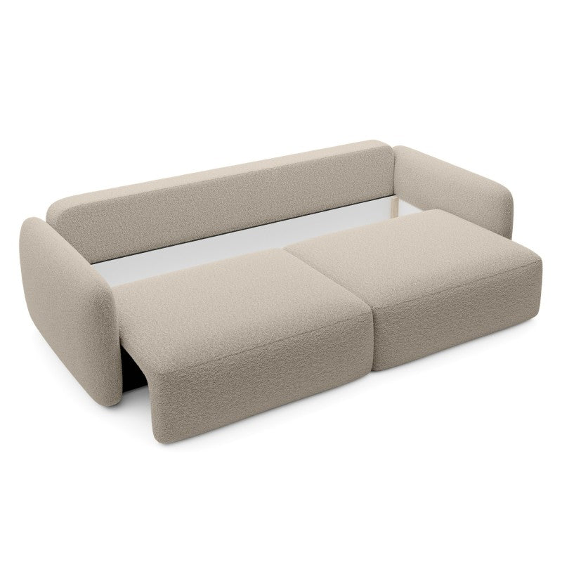 Canapea extensibilă Botse, bej deschis, cu spațiu de depozitare, forme rotunjite, bouclé