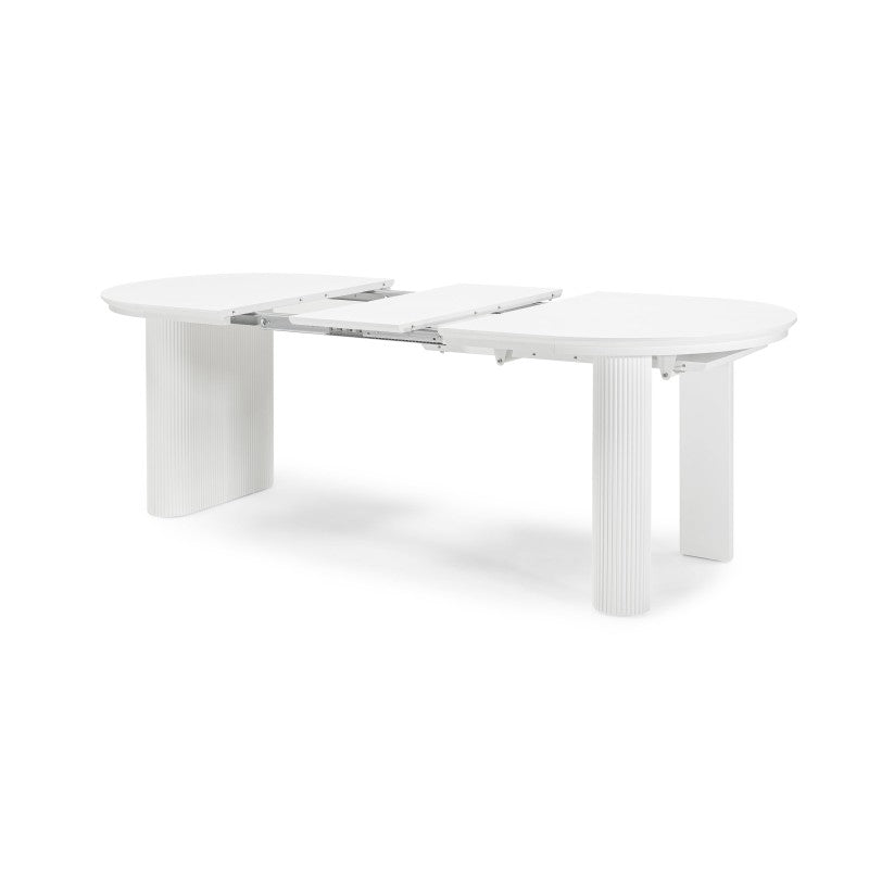 Masă extensibilă Audrey, 160-240 cm, ovală, albă, canelată, forme rotunjite