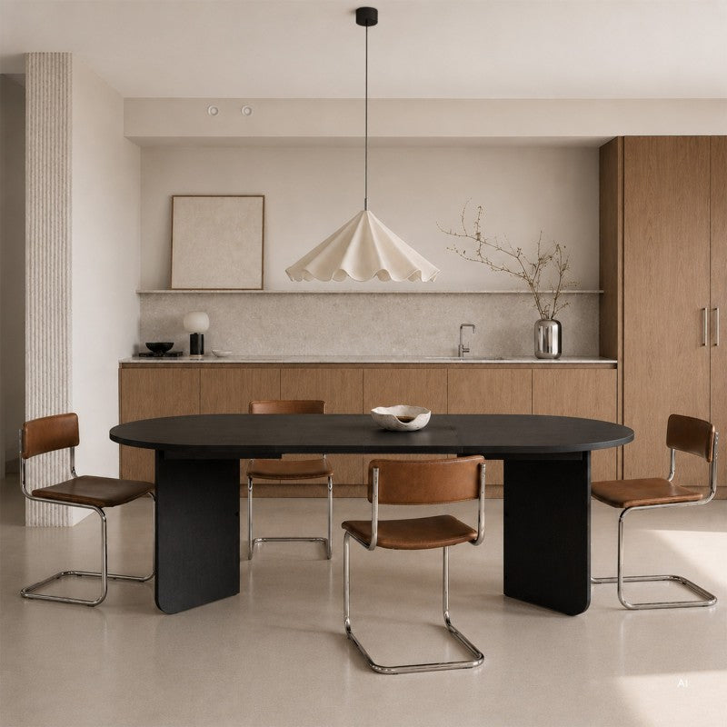 Masă extensibilă Mou, 140-200 cm, neagră cu structură de lemn, blat oval