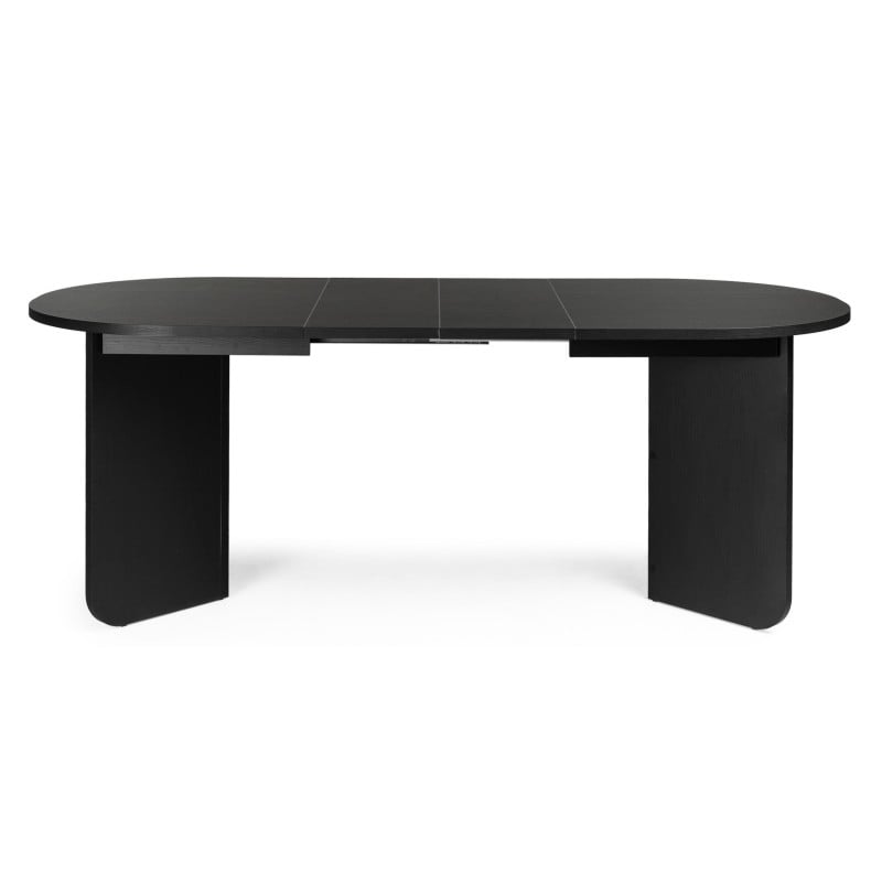 Masă extensibilă Mou, 140-200 cm, neagră cu structură de lemn, blat oval