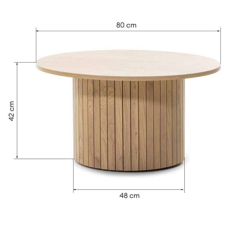 Măsuță de cafea Remigio, 80 cm, rotundă cu lamele, stejar