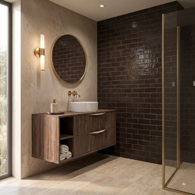 Dulap pentru lavoar pe blat Avila 2.0, 60 cm, canelat, mânere aurii, nuc Villa