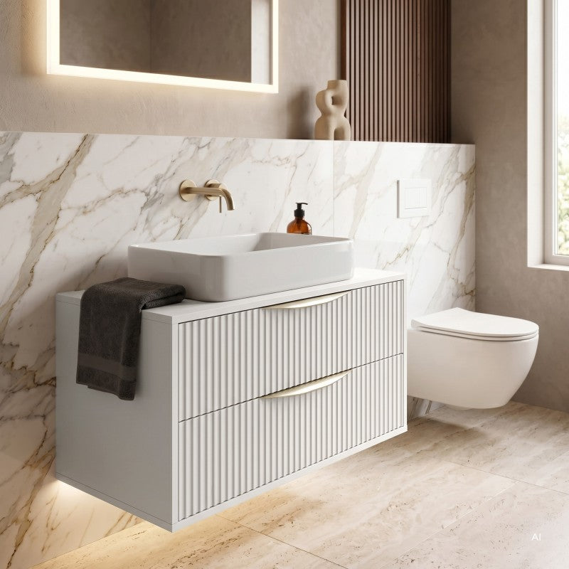 Dulap pentru lavoar pe blat Avila 2.0, 80 cm, canelat, mânere aurii, alb