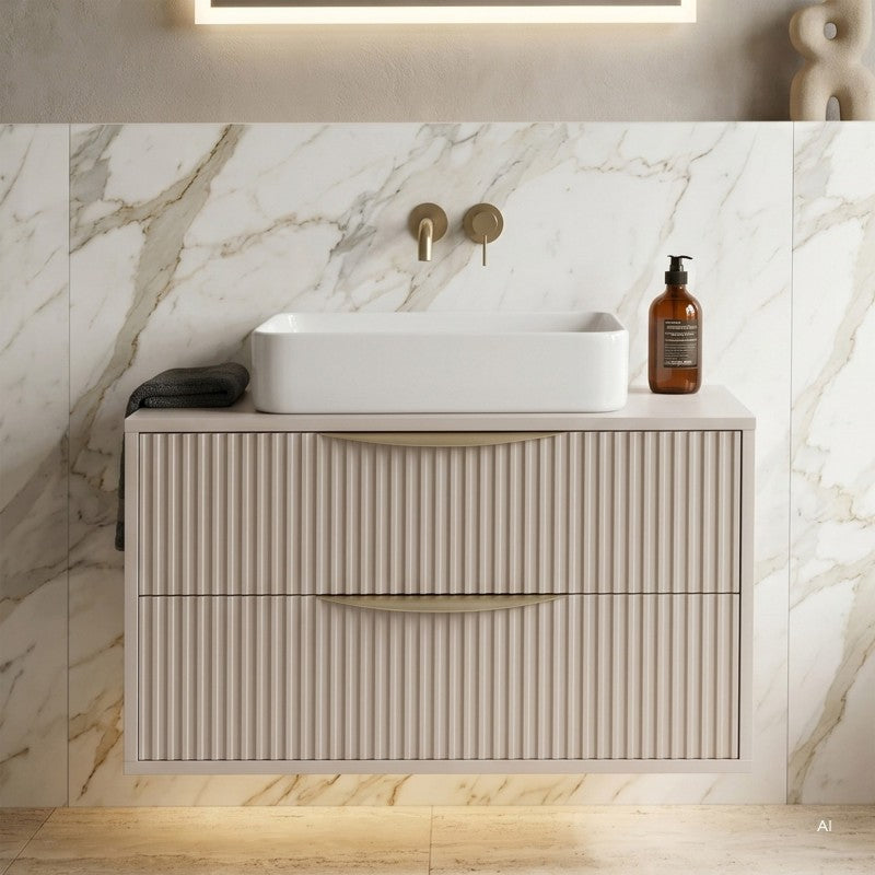 Dulap pentru lavoar pe blat Avila 2.0, 80 cm, canelat, mânere aurii, cașmir