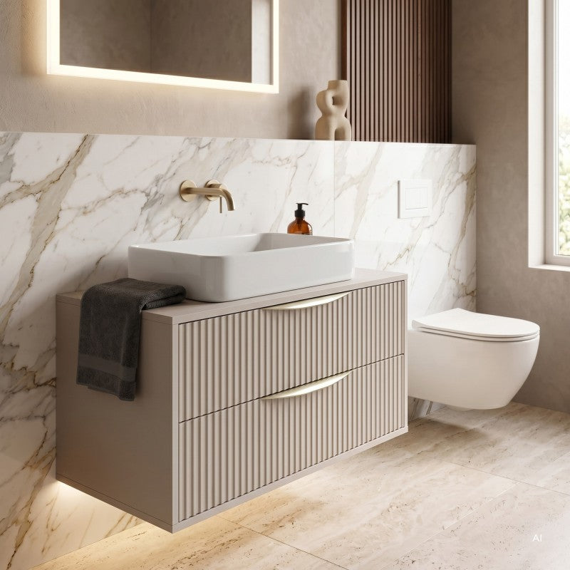 Dulap pentru lavoar pe blat Avila 2.0, 80 cm, canelat, mânere aurii, cașmir