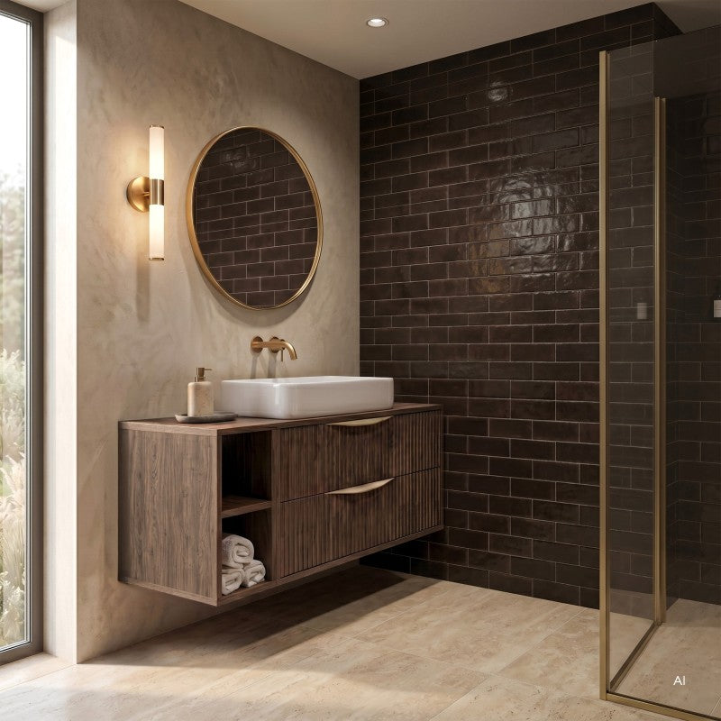 Dulap pentru lavoar pe blat Avila 2.0, 80 cm, canelat, mânere aurii, nuc Villa