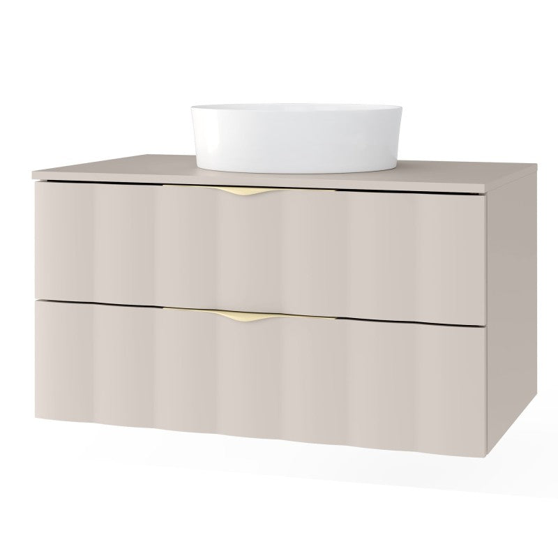Dulap pentru lavoar pe blat Omi, 80 cm, front ondulat, mânere aurii, bej cașmir