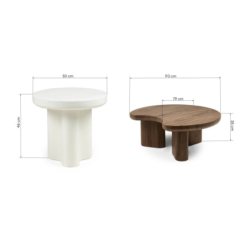 Set de măsuțe Malibu, alb/nuc, forme rotunjite