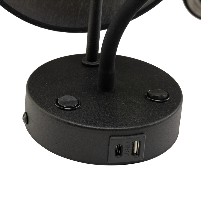 Aplică Maja neagră 2 dulii E27 + GU10 + USB TK 10203