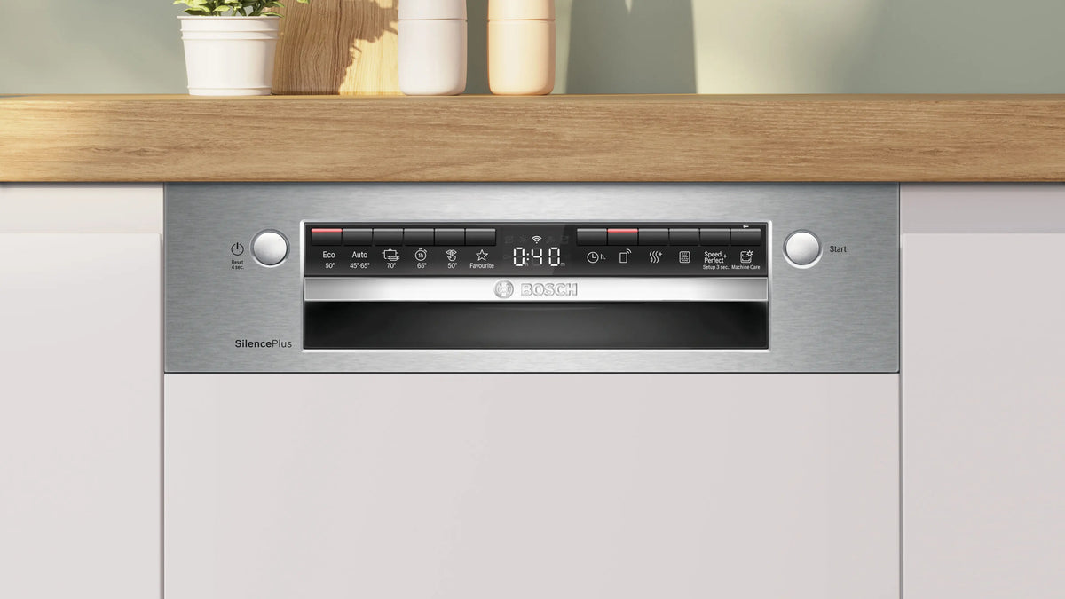 Mașină de spălat vase parțial încorporabilă Bosch SPI4HMS13E, Seria 4, 45 cm, 10 seturi, inox