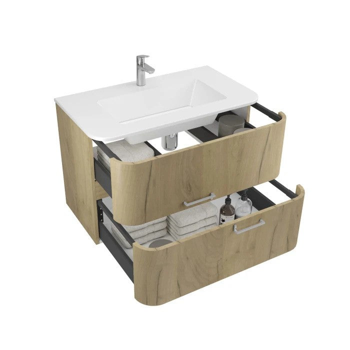 Masca baie + lavoar Savini Due Geos 80, cu sertare, stejar auriu, 81 x 45.7 x 49.7 cm