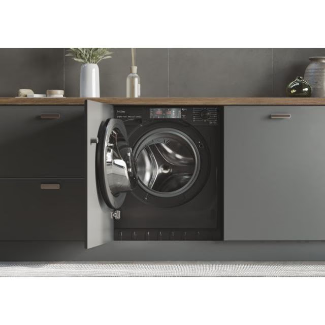 Masina de spalat rufe incorporabila HAIER HWQ90B416FWBB-S, Motor Inverter, clasa A, 9 kg, 1600 rpm, Instant Mix Technology, Steam Plus, iTime, negru lucios