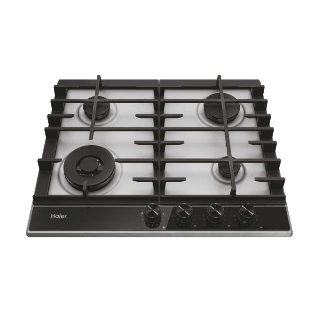 Plita incorporabila Haier HAHG6BF4XH, Gaz, 4 Arzatoare, Grilaje fonta (x2), Aprindere electrica, Preci Flame – reglarea in 9 trepte a flacarii, 60 cm, Inox cu sticla neagra