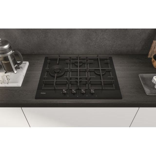 Plita incorporabila pe gaz HAVG5D4HB, 4 arzatoare, arzator Wok, grilaje fonta (3), 65 cm, sticla neagra
