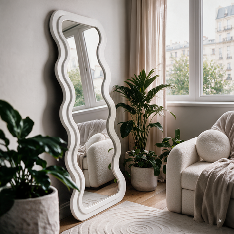 Oglindă decorativă de perete Vogue, cu ramă din lemn, 180x80 cm, formă organică, albă