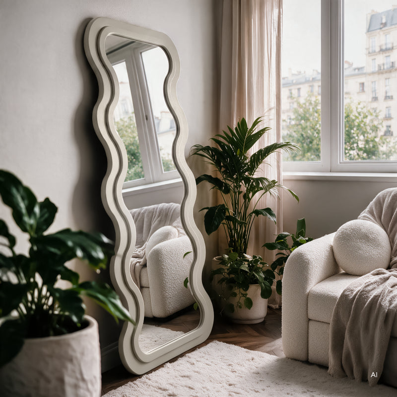 Oglindă decorativă de perete Vogue, cu ramă din lemn, 180x80 cm, formă organică, maro-gri