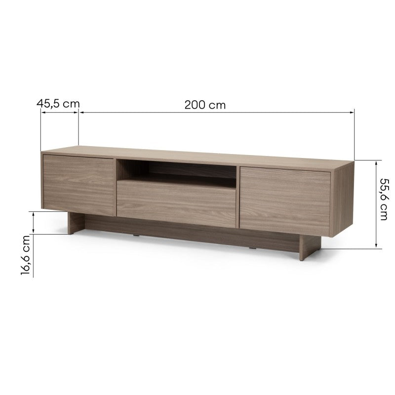 Comodă TV Kanso, cu două uși, cu sertar, 200 cm, stejar perlat