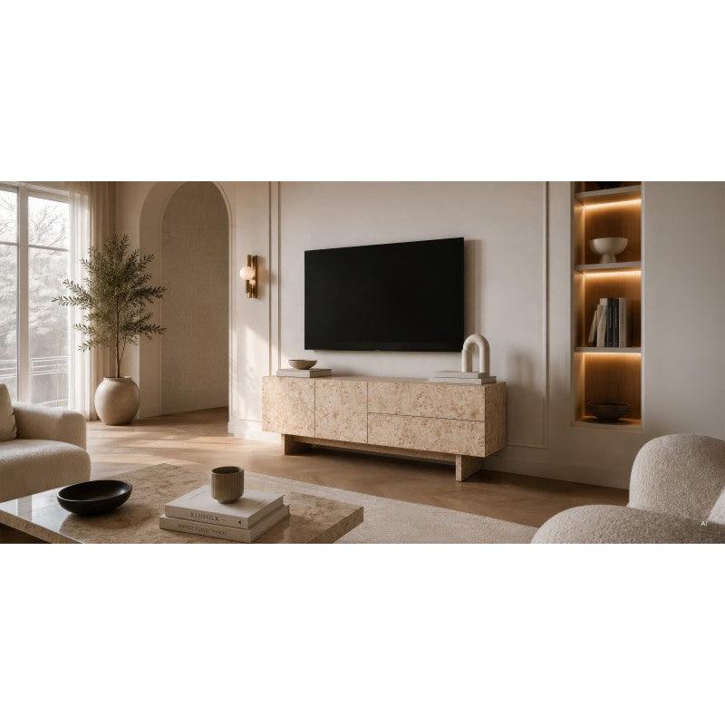 Comodă TV Decoria, cu două uși, cu sertare, 160 cm, aspect de rădăcină