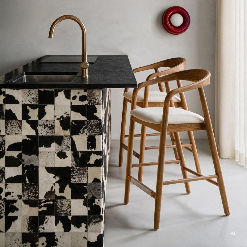 Scaun de bar din lemn Ludvika 2.0, rotunjit, natur/crem, lemn de tec