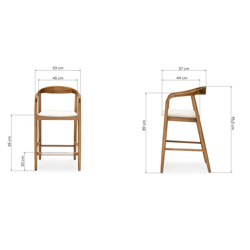Scaun de bar din lemn Ludvika 2.0, rotunjit, natur/crem, lemn de tec