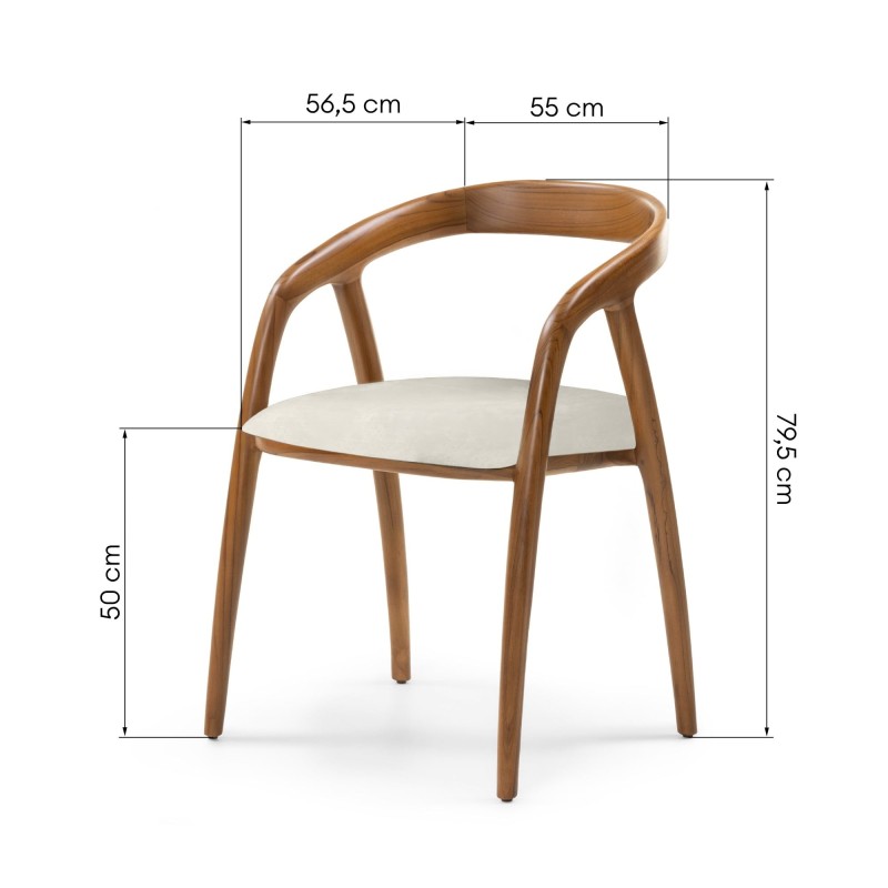 Scaun din lemn Sande, rotunjit, natur/crem, lemn de tec