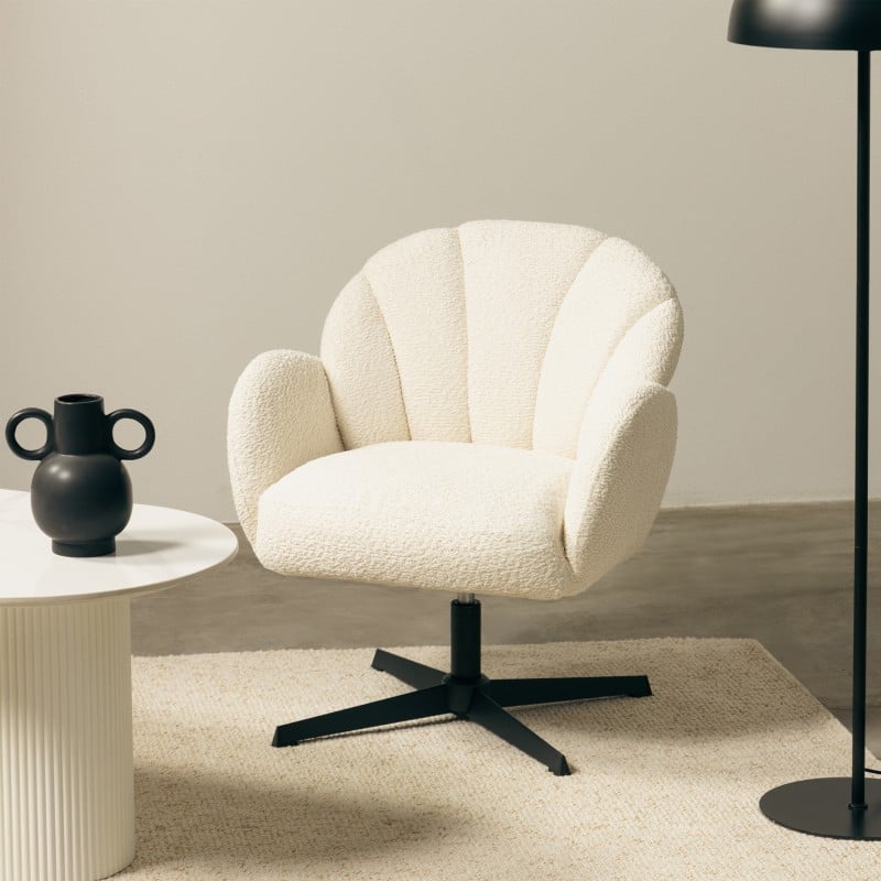 Scaun rotativ Casablanca, alb, picioare negre, bouclé