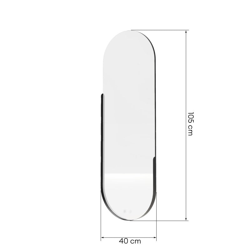 Oglindă de perete Brio, cu ramă neagră, 40x105 cm, iluminare LED ovală, metal