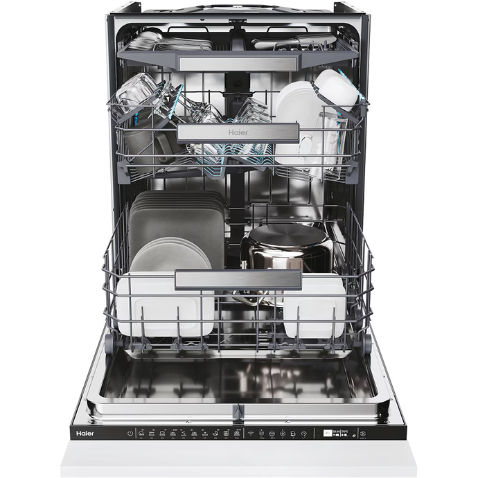 Masina de spalat vase incorporabila Haier I-Pro Shine Series 4 XS 6B1M3PB, 16 seturi, 3 cosuri, 10 programe, clasa B, Motor Inverter, Wi-Fi, AI program, H-arm spray, Maxi Tub, Automatic open door, Aqua Stop, Lumina interna, Sliding door, 60 cm