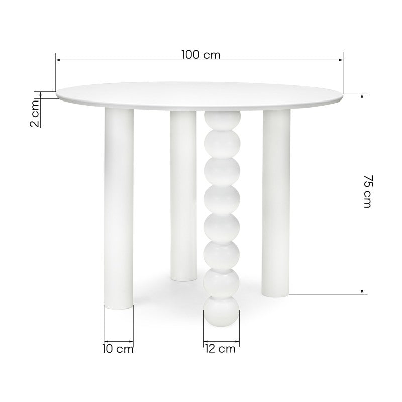 Masă Bolla, rotundă, 100 cm, furnir de fag, albă, picior decorativ sferic