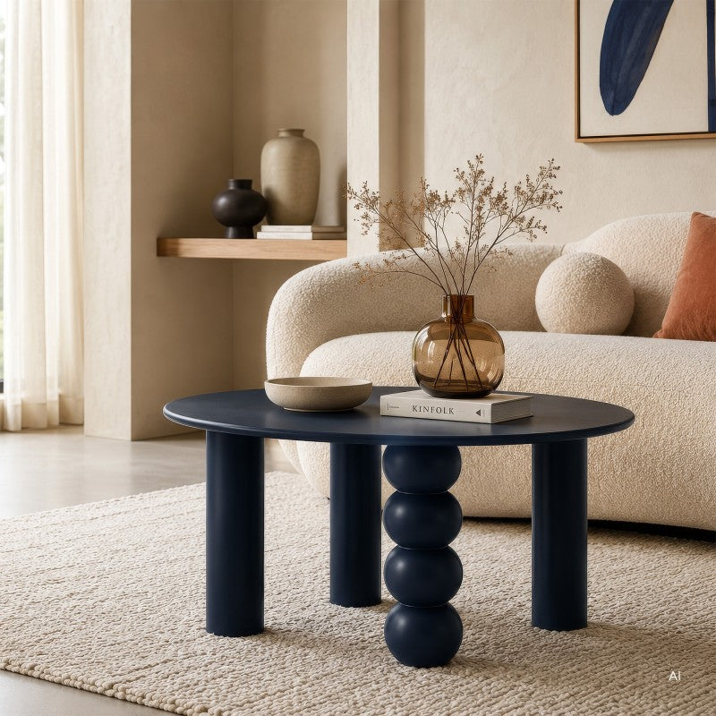 Măsuță de cafea Bolla, rotundă, 80 cm, bleumarin, picior decorativ sferic