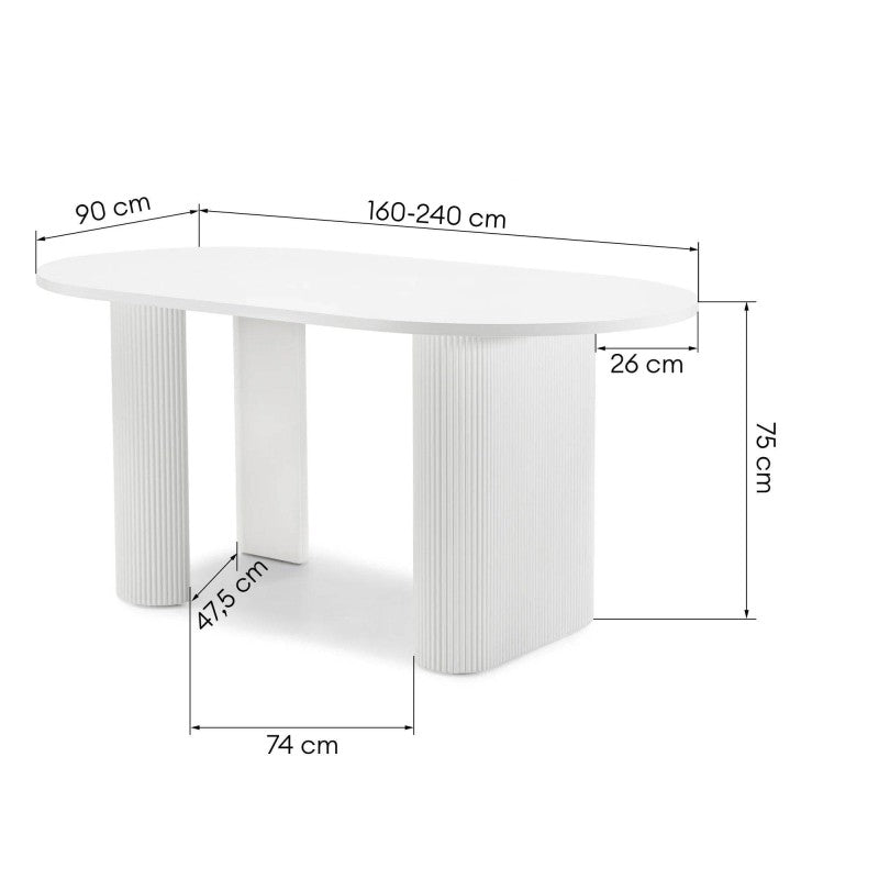 Masă extensibilă Audrey, 160-240 cm, ovală, albă, canelată, forme rotunjite