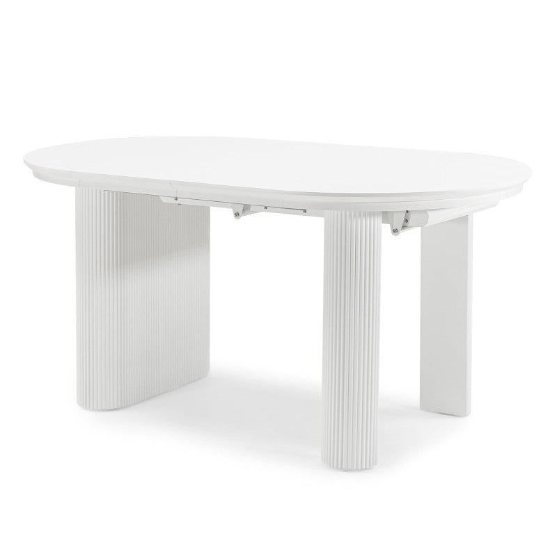 Masă extensibilă Audrey, 160-240 cm, ovală, albă, canelată, forme rotunjite