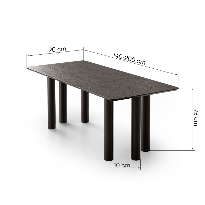 Masă extensibilă Loa, 140-200 cm, furnir de stejar, neagră, lemn de fag, rotunjită