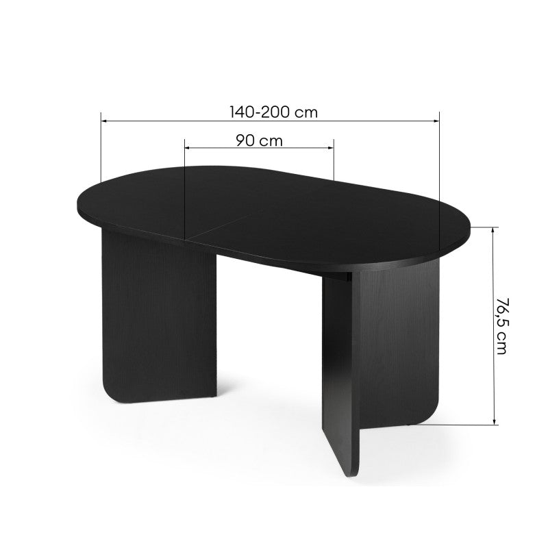 Masă extensibilă Mou, 140-200 cm, neagră cu structură de lemn, blat oval