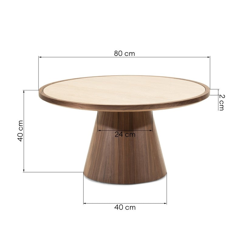 Măsuță de cafea Kyoto, 80 cm, rotundă, travertin/nuc